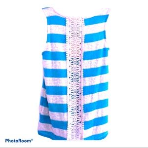 Coastal Preppy Turquoise and cream stripped Cotton Blend Pink Rose top S‎ NWT